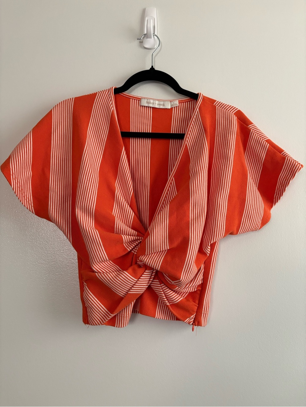 bishop + young Twist Front V-Neck Short Sleeve Striped Top Orange White Stripe S